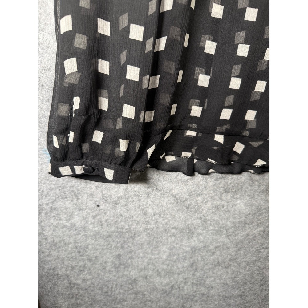 Ann Taylor Black White Geometric Square Print Ruffle Neck Blouse Top Size 14 - Picture 4 of 6